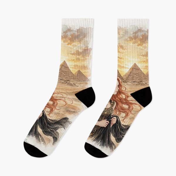 Item preview, Egypt Giza Pyramids with a Mysterious Redhead Traveler in Elegant Black and Gold Dress, Golden Desert Sunset and Ancient Landscape designed and sold by DibujandoPorfa.