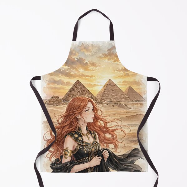 Item preview, Egypt Giza Pyramids with a Mysterious Redhead Traveler in Elegant Black and Gold Dress, Golden Desert Sunset and Ancient Landscape designed and sold by DibujandoPorfa.