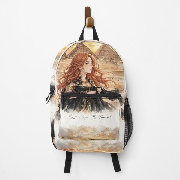 Item preview, Egypt Giza Pyramids with a Mysterious Redhead Traveler in Elegant Black and Gold Dress, Golden Desert Sunset and Ancient Landscape designed and sold by DibujandoPorfa.