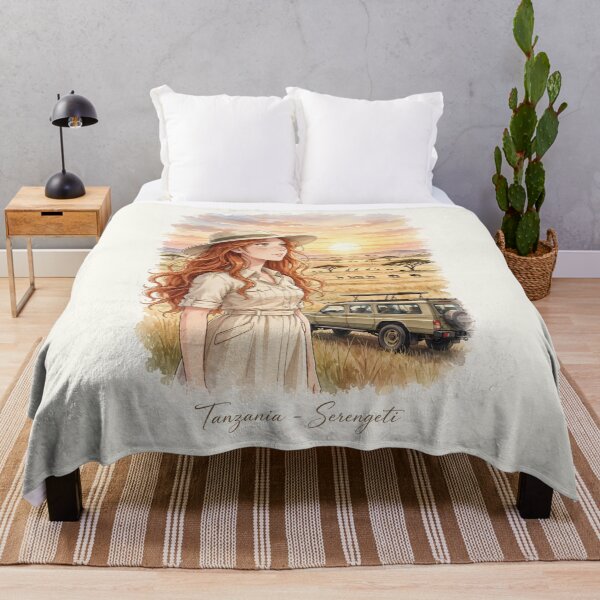 Item preview, Tanzania Serengeti Safari with a Beautiful Redhead Traveler in Elegant Safari Fashion, Golden Savannah and Majestic African Landscape designed and sold by DibujandoPorfa.