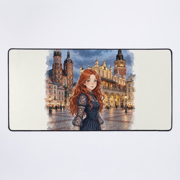 Item preview, Poland Kraków Old Town with a Charming Redhead Traveler in Elegant Vintage Blue Dress, Historic Streets and Romantic European Evening designed and sold by DibujandoPorfa.