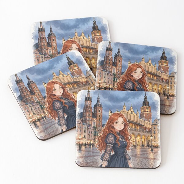 Item preview, Poland Kraków Old Town with a Charming Redhead Traveler in Elegant Vintage Blue Dress, Historic Streets and Romantic European Evening designed and sold by DibujandoPorfa.