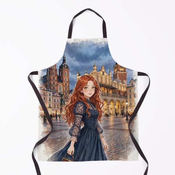 Item preview, Poland Kraków Old Town with a Charming Redhead Traveler in Elegant Vintage Blue Dress, Historic Streets and Romantic European Evening designed and sold by DibujandoPorfa.
