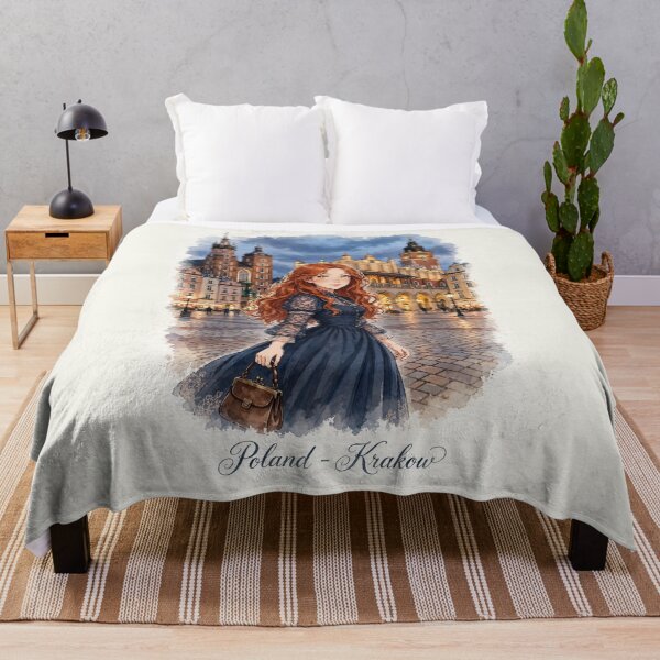 Item preview, Poland Kraków Old Town with a Charming Redhead Traveler in Elegant Vintage Blue Dress, Historic Streets and Romantic European Evening designed and sold by DibujandoPorfa.