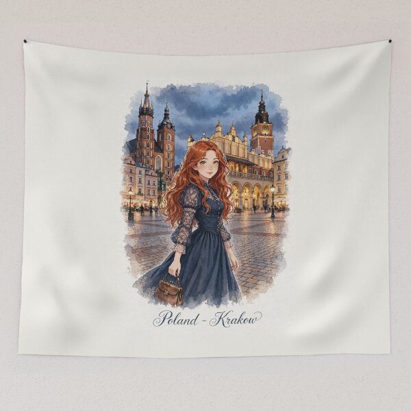Item preview, Poland Kraków Old Town with a Charming Redhead Traveler in Elegant Vintage Blue Dress, Historic Streets and Romantic European Evening designed and sold by DibujandoPorfa.