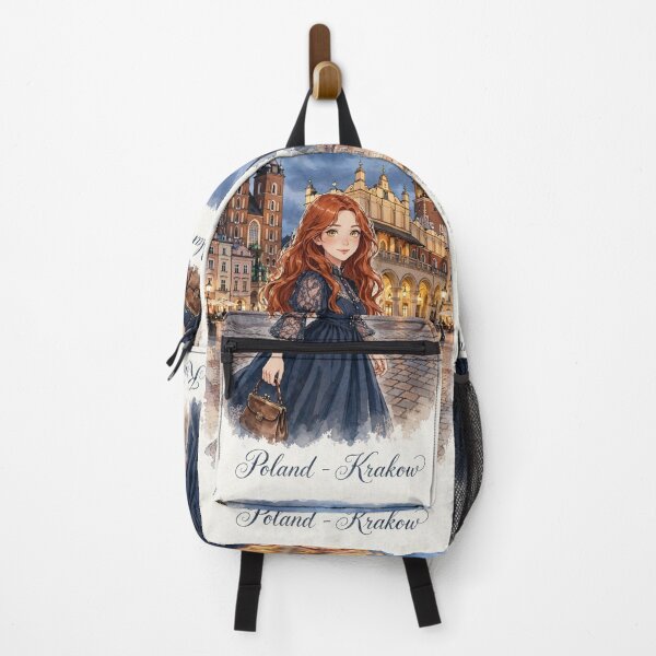Item preview, Poland Kraków Old Town with a Charming Redhead Traveler in Elegant Vintage Blue Dress, Historic Streets and Romantic European Evening designed and sold by DibujandoPorfa.