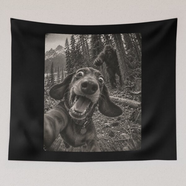 Item preview, Funny Dachshund Selfie Chased by Bigfoot Camping Adventure designed and sold by will freed18.