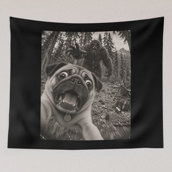 Item preview, Funny Pug Selfie Running Away From Bigfoot Vintage designed and sold by will freed18.