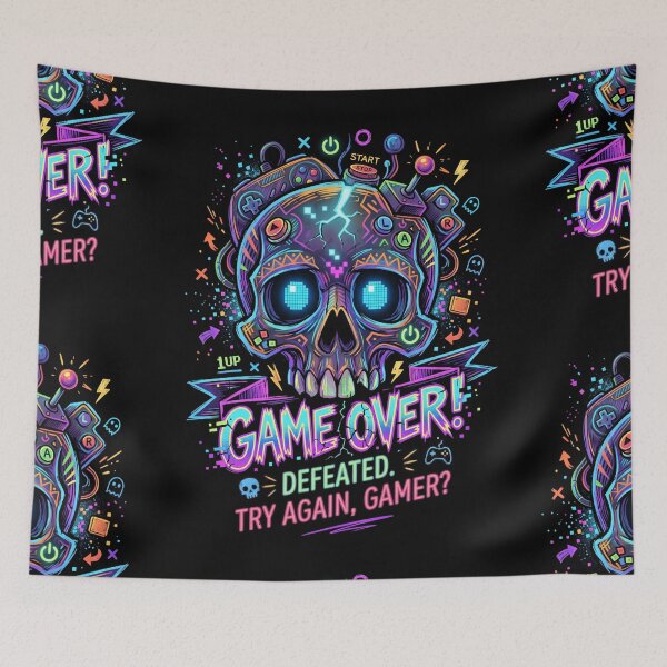 Item preview, Game Over Retro Gamer Skull Neon Art designed and sold by Skulls & Calaveras.