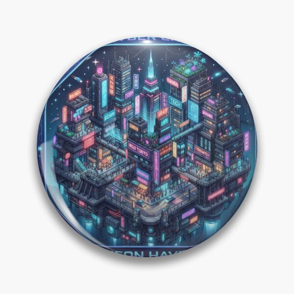 Item preview, Cyber City Neon Haven Futuristic Pixel Art Badge designed and sold by Rahat3344.