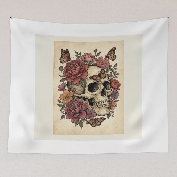 Item preview, Vintage Vintage Floral Skull Monarch Butterflies Art designed and sold by Rahat3344.