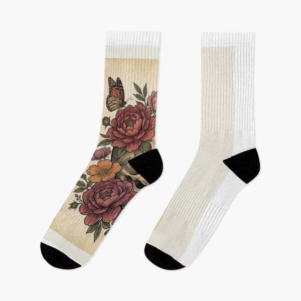 Artikelvorschau, Vintage-Kunst mit Blumenmuster, Totenkopf und Monarchfaltern entworfen und verkauft von Rahat3344.