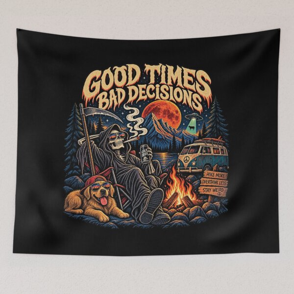 Item preview, Good Times Bad Decisions – Grim Reaper Camping designed and sold by FakePeopleSuck.