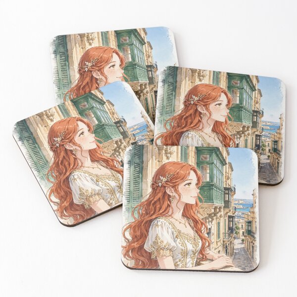 Item preview, Malta Valletta with an Elegant Redhead Traveler in a White and Gold Dress, Historic Mediterranean Streets and Beautiful Coastal Cityscape designed and sold by DibujandoPorfa.