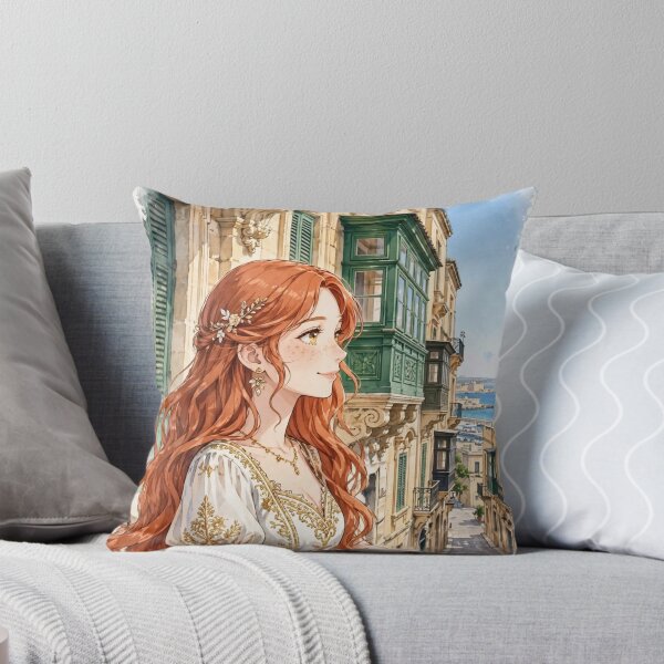 Item preview, Malta Valletta with an Elegant Redhead Traveler in a White and Gold Dress, Historic Mediterranean Streets and Beautiful Coastal Cityscape designed and sold by DibujandoPorfa.