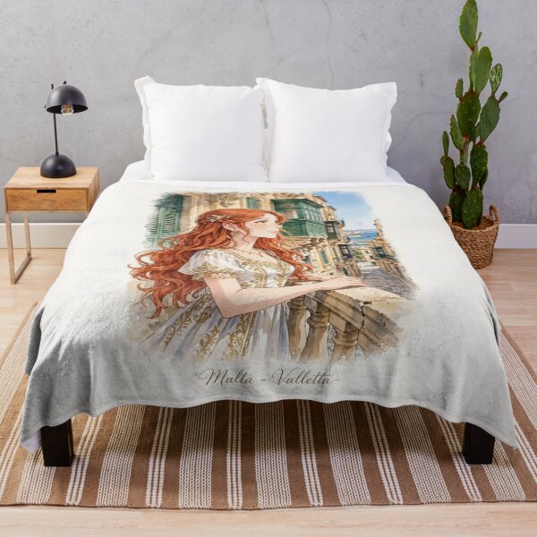 Item preview, Malta Valletta with an Elegant Redhead Traveler in a White and Gold Dress, Historic Mediterranean Streets and Beautiful Coastal Cityscape designed and sold by DibujandoPorfa.