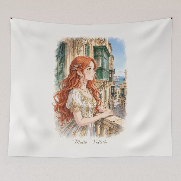 Item preview, Malta Valletta with an Elegant Redhead Traveler in a White and Gold Dress, Historic Mediterranean Streets and Beautiful Coastal Cityscape designed and sold by DibujandoPorfa.