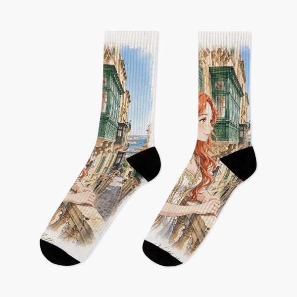 Item preview, Malta Valletta with an Elegant Redhead Traveler in a White and Gold Dress, Historic Mediterranean Streets and Beautiful Coastal Cityscape designed and sold by DibujandoPorfa.