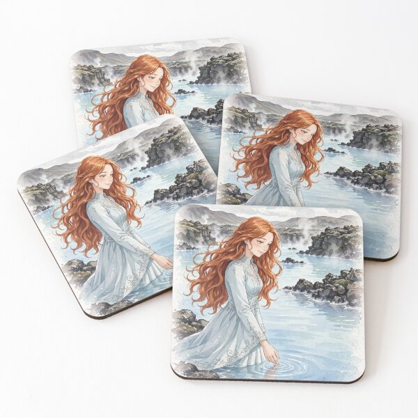 Item preview, Iceland Blue Lagoon with a Dreamy Redhead Traveler in an Elegant Pale Blue Dress, Misty Volcanic Landscape and Peaceful Nordic Scenery designed and sold by DibujandoPorfa.