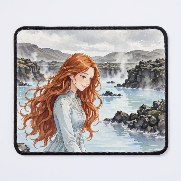 Item preview, Iceland Blue Lagoon with a Dreamy Redhead Traveler in an Elegant Pale Blue Dress, Misty Volcanic Landscape and Peaceful Nordic Scenery designed and sold by DibujandoPorfa.