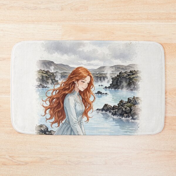 Item preview, Iceland Blue Lagoon with a Dreamy Redhead Traveler in an Elegant Pale Blue Dress, Misty Volcanic Landscape and Peaceful Nordic Scenery designed and sold by DibujandoPorfa.