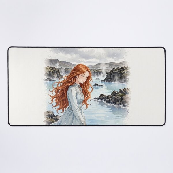 Item preview, Iceland Blue Lagoon with a Dreamy Redhead Traveler in an Elegant Pale Blue Dress, Misty Volcanic Landscape and Peaceful Nordic Scenery designed and sold by DibujandoPorfa.