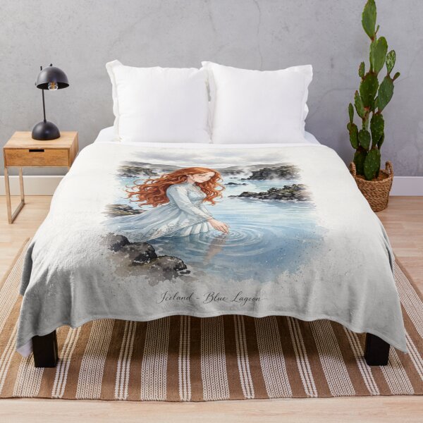 Item preview, Iceland Blue Lagoon with a Dreamy Redhead Traveler in an Elegant Pale Blue Dress, Misty Volcanic Landscape and Peaceful Nordic Scenery designed and sold by DibujandoPorfa.