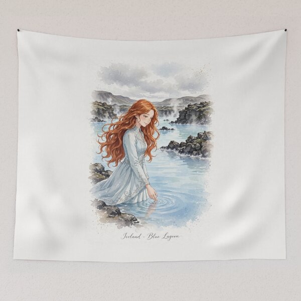 Item preview, Iceland Blue Lagoon with a Dreamy Redhead Traveler in an Elegant Pale Blue Dress, Misty Volcanic Landscape and Peaceful Nordic Scenery designed and sold by DibujandoPorfa.