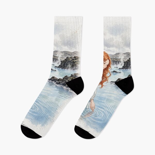 Item preview, Iceland Blue Lagoon with a Dreamy Redhead Traveler in an Elegant Pale Blue Dress, Misty Volcanic Landscape and Peaceful Nordic Scenery designed and sold by DibujandoPorfa.