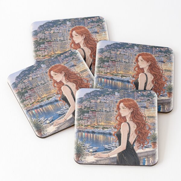 Item preview, Monaco Monte Carlo with a Glamorous Redhead Traveler in an Elegant Black Evening Gown, Mediterranean Sea and Luxury Riviera Landscape designed and sold by DibujandoPorfa.
