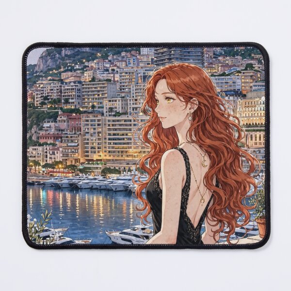 Item preview, Monaco Monte Carlo with a Glamorous Redhead Traveler in an Elegant Black Evening Gown, Mediterranean Sea and Luxury Riviera Landscape designed and sold by DibujandoPorfa.