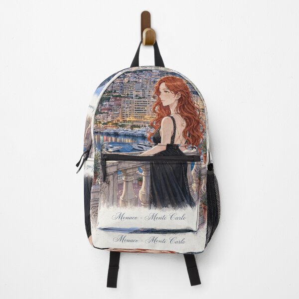 Item preview, Monaco Monte Carlo with a Glamorous Redhead Traveler in an Elegant Black Evening Gown, Mediterranean Sea and Luxury Riviera Landscape designed and sold by DibujandoPorfa.