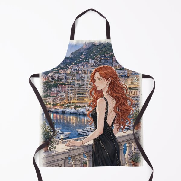Item preview, Monaco Monte Carlo with a Glamorous Redhead Traveler in an Elegant Black Evening Gown, Mediterranean Sea and Luxury Riviera Landscape designed and sold by DibujandoPorfa.