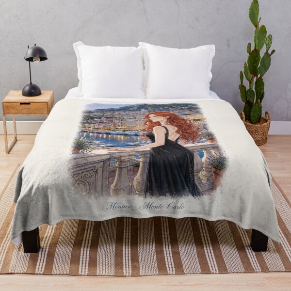 Item preview, Monaco Monte Carlo with a Glamorous Redhead Traveler in an Elegant Black Evening Gown, Mediterranean Sea and Luxury Riviera Landscape designed and sold by DibujandoPorfa.