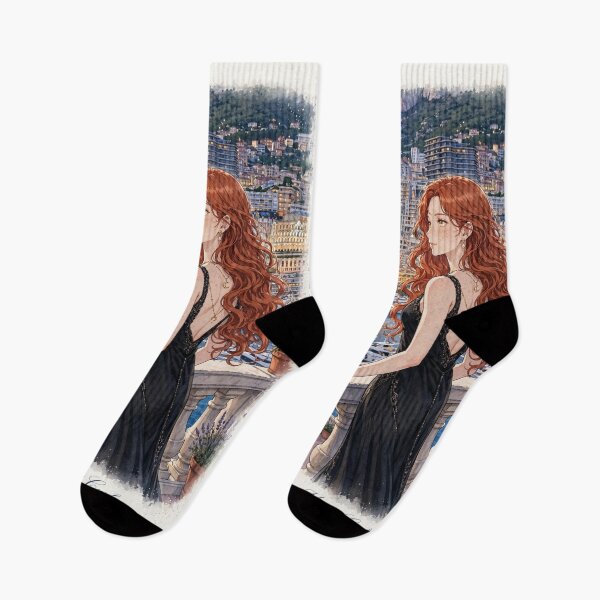 Item preview, Monaco Monte Carlo with a Glamorous Redhead Traveler in an Elegant Black Evening Gown, Mediterranean Sea and Luxury Riviera Landscape designed and sold by DibujandoPorfa.