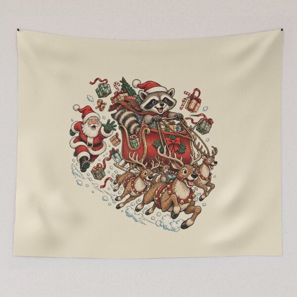 Item preview, Cute Christmas Raccoon Santa Sleigh Ride – Vintage Holiday Animal Design designed and sold by xghambo.