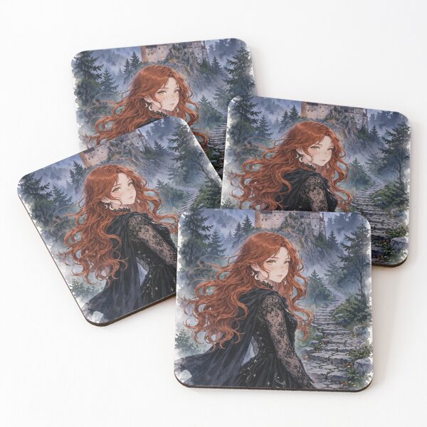 Item preview, Romania Bran Castle with a Mysterious Redhead Traveler in Elegant Gothic Black Dress, Misty Transylvanian Forest and Dark Fairytale Landscape designed and sold by DibujandoPorfa.