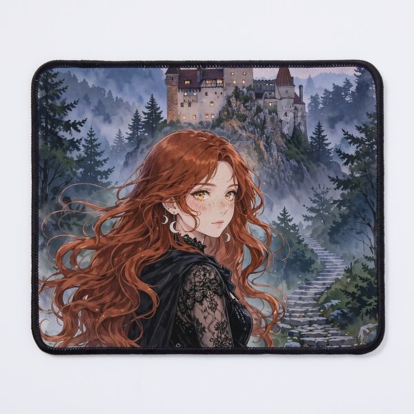 Item preview, Romania Bran Castle with a Mysterious Redhead Traveler in Elegant Gothic Black Dress, Misty Transylvanian Forest and Dark Fairytale Landscape designed and sold by DibujandoPorfa.