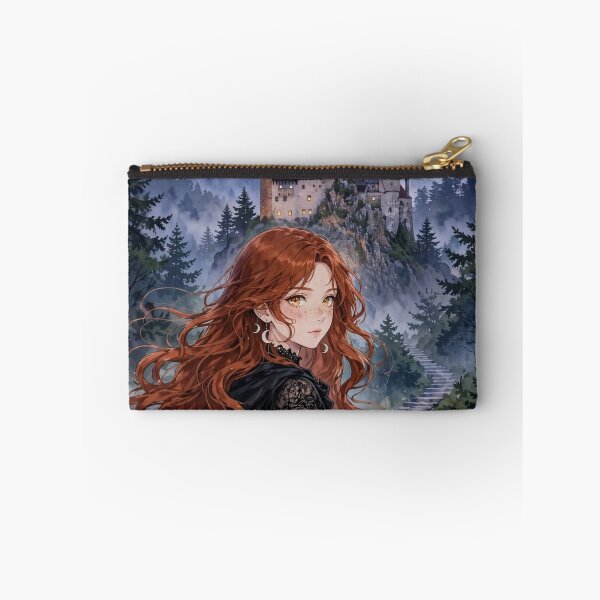 Item preview, Romania Bran Castle with a Mysterious Redhead Traveler in Elegant Gothic Black Dress, Misty Transylvanian Forest and Dark Fairytale Landscape designed and sold by DibujandoPorfa.