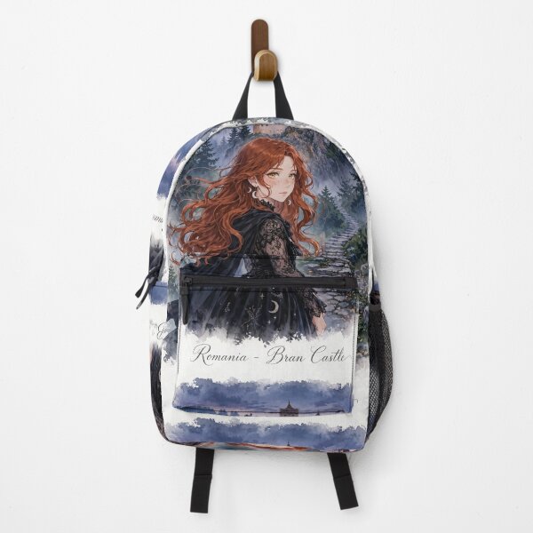 Item preview, Romania Bran Castle with a Mysterious Redhead Traveler in Elegant Gothic Black Dress, Misty Transylvanian Forest and Dark Fairytale Landscape designed and sold by DibujandoPorfa.