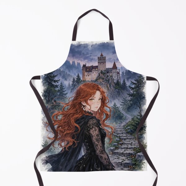 Item preview, Romania Bran Castle with a Mysterious Redhead Traveler in Elegant Gothic Black Dress, Misty Transylvanian Forest and Dark Fairytale Landscape designed and sold by DibujandoPorfa.
