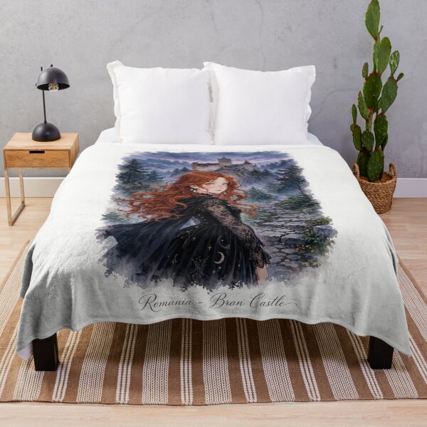 Item preview, Romania Bran Castle with a Mysterious Redhead Traveler in Elegant Gothic Black Dress, Misty Transylvanian Forest and Dark Fairytale Landscape designed and sold by DibujandoPorfa.