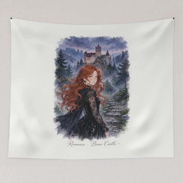 Item preview, Romania Bran Castle with a Mysterious Redhead Traveler in Elegant Gothic Black Dress, Misty Transylvanian Forest and Dark Fairytale Landscape designed and sold by DibujandoPorfa.