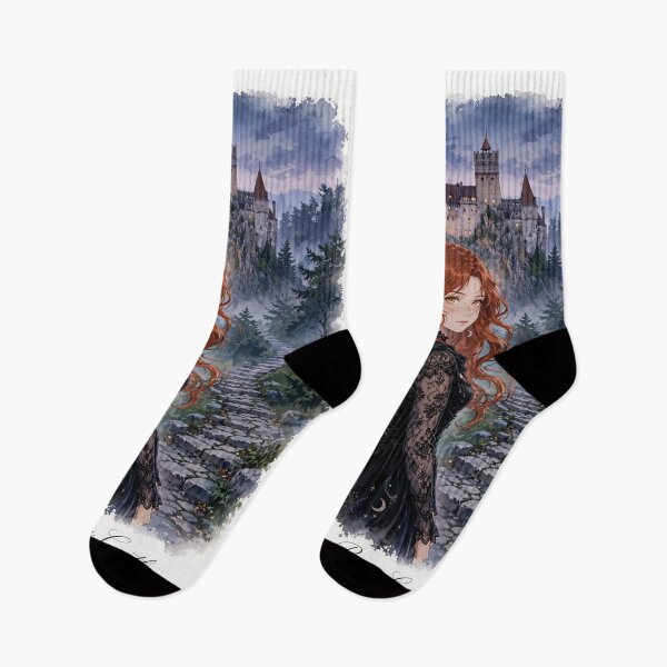 Item preview, Romania Bran Castle with a Mysterious Redhead Traveler in Elegant Gothic Black Dress, Misty Transylvanian Forest and Dark Fairytale Landscape designed and sold by DibujandoPorfa.