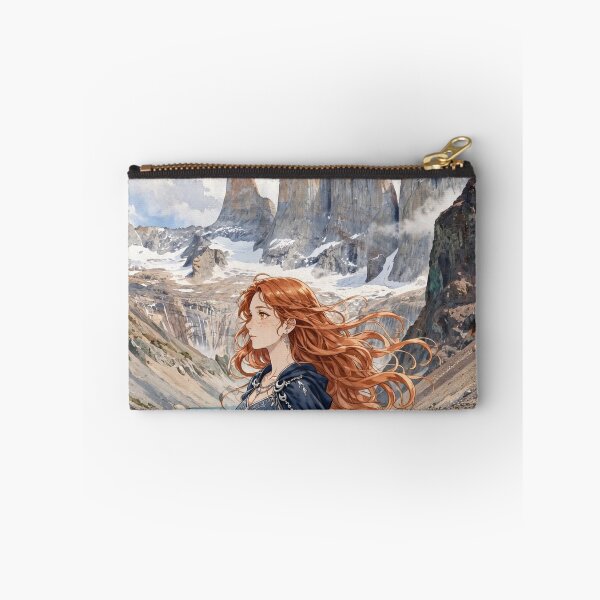 Item preview, Chile Torres del Paine with a Graceful Redhead Traveler in a Flowing Deep Blue Dress, Turquoise Lake and Majestic Patagonian Mountains designed and sold by DibujandoPorfa.