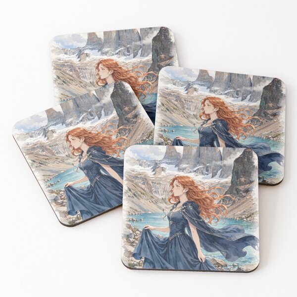 Item preview, Chile Torres del Paine with a Graceful Redhead Traveler in a Flowing Deep Blue Dress, Turquoise Lake and Majestic Patagonian Mountains designed and sold by DibujandoPorfa.