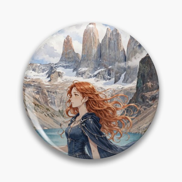 Item preview, Chile Torres del Paine with a Graceful Redhead Traveler in a Flowing Deep Blue Dress, Turquoise Lake and Majestic Patagonian Mountains designed and sold by DibujandoPorfa.