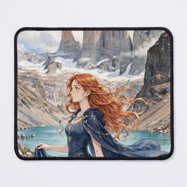Item preview, Chile Torres del Paine with a Graceful Redhead Traveler in a Flowing Deep Blue Dress, Turquoise Lake and Majestic Patagonian Mountains designed and sold by DibujandoPorfa.