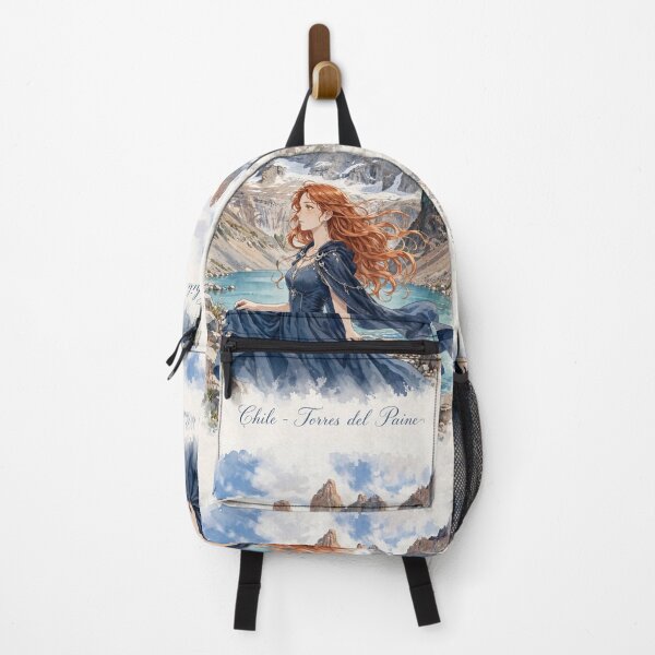 Item preview, Chile Torres del Paine with a Graceful Redhead Traveler in a Flowing Deep Blue Dress, Turquoise Lake and Majestic Patagonian Mountains designed and sold by DibujandoPorfa.