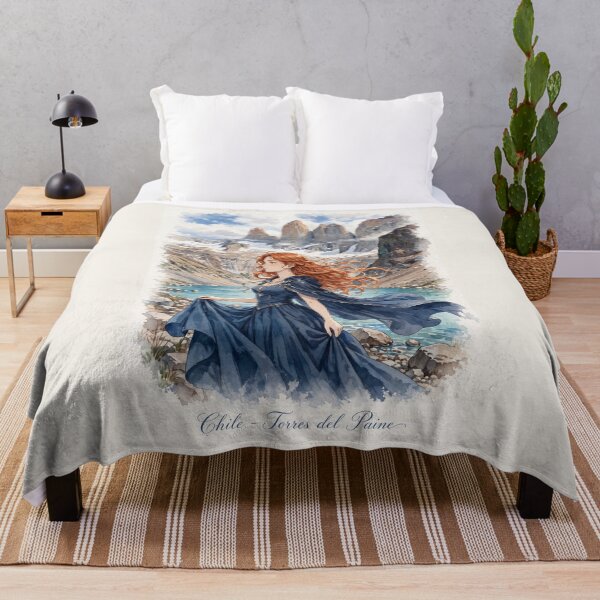 Item preview, Chile Torres del Paine with a Graceful Redhead Traveler in a Flowing Deep Blue Dress, Turquoise Lake and Majestic Patagonian Mountains designed and sold by DibujandoPorfa.